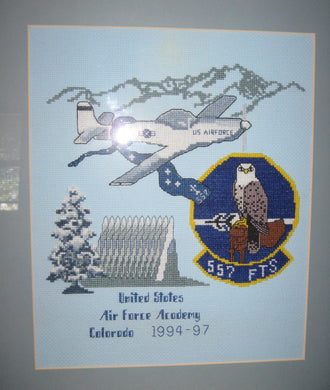 Air Force Academy with 557th FTS patch stitched on 14 count light blue aida using 2 strands floss pattern designed by Sherry from MilitaryXStitch.Com