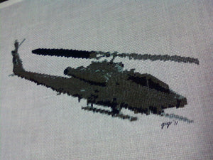 Cobra helicopter stitched on 18 count linen by Ginger P 2011 using Sherry's pattern from MilitaryXStitch,Com